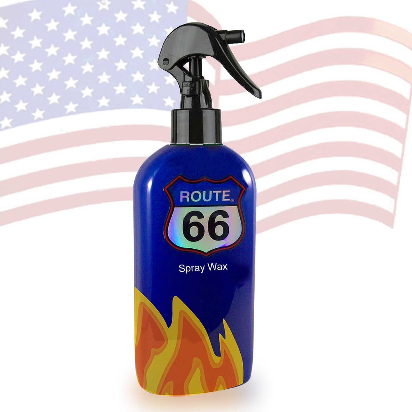 Spray wax bottle with Route 66 design against an American flag background