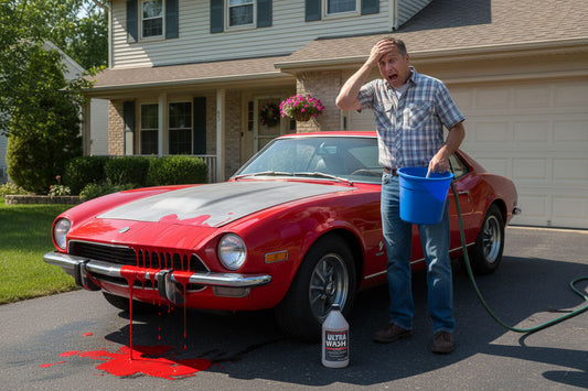 Man stands next to his car in shock as red paint drips off the hood revealing grey primer — Ultra Wash car wash product in hand